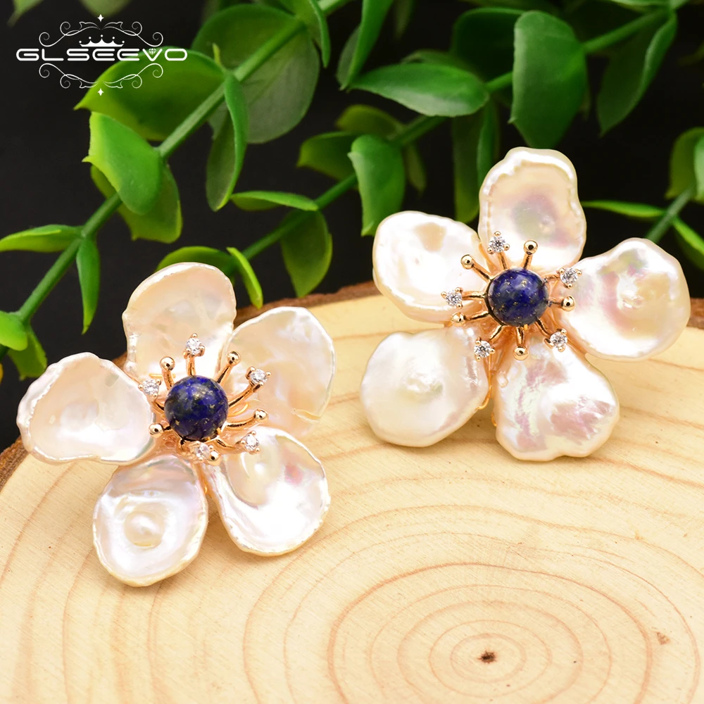 

Handmade 925 Sterling Silver Natural Lapis Lazuli Baroque Flower Pearl Stud Earrings For Women Gift Jewellery earrings bulk