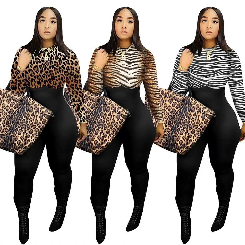 

KD3287 2021 Winter S-4Xl Plus Size ladies Sexy Casual Long Sleeve Leopard print Bodycon One Piece Rompers Women Jumpsuits