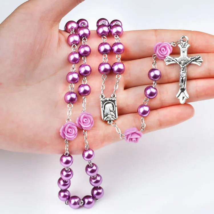 

Purple Pearl Rose Catholic Rosary Necklace Fashion Cross Religious Necklace, Multiple color selection