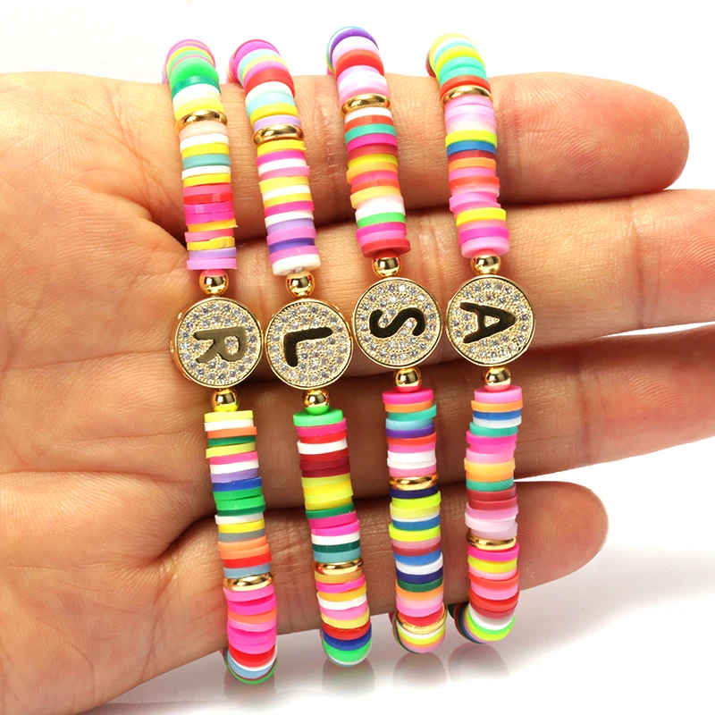 

Boho CZ Paved Initial A-Z Alphabet Letters Lucky Miyuki Beads bracelet Rainbow Candy Color Polymer Clay Bracelet, Multi color