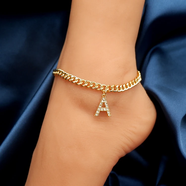 

6mm gold plated cuban chain letter initial anklets for women, Picture