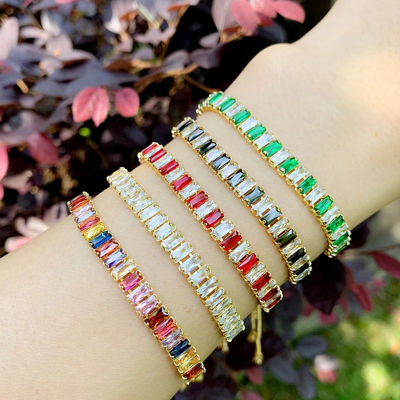

Fashion Adjustable Colorful Square Cubic Zircon Jewelry 18K Gold Plating Rainbow Crystal Bracelet for Women