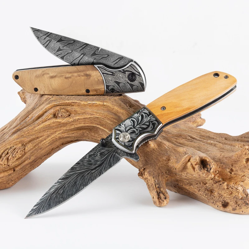 

New styles 3D printing flower blade outdoor camping tactical handmade wood handle pocket knife self defense tools