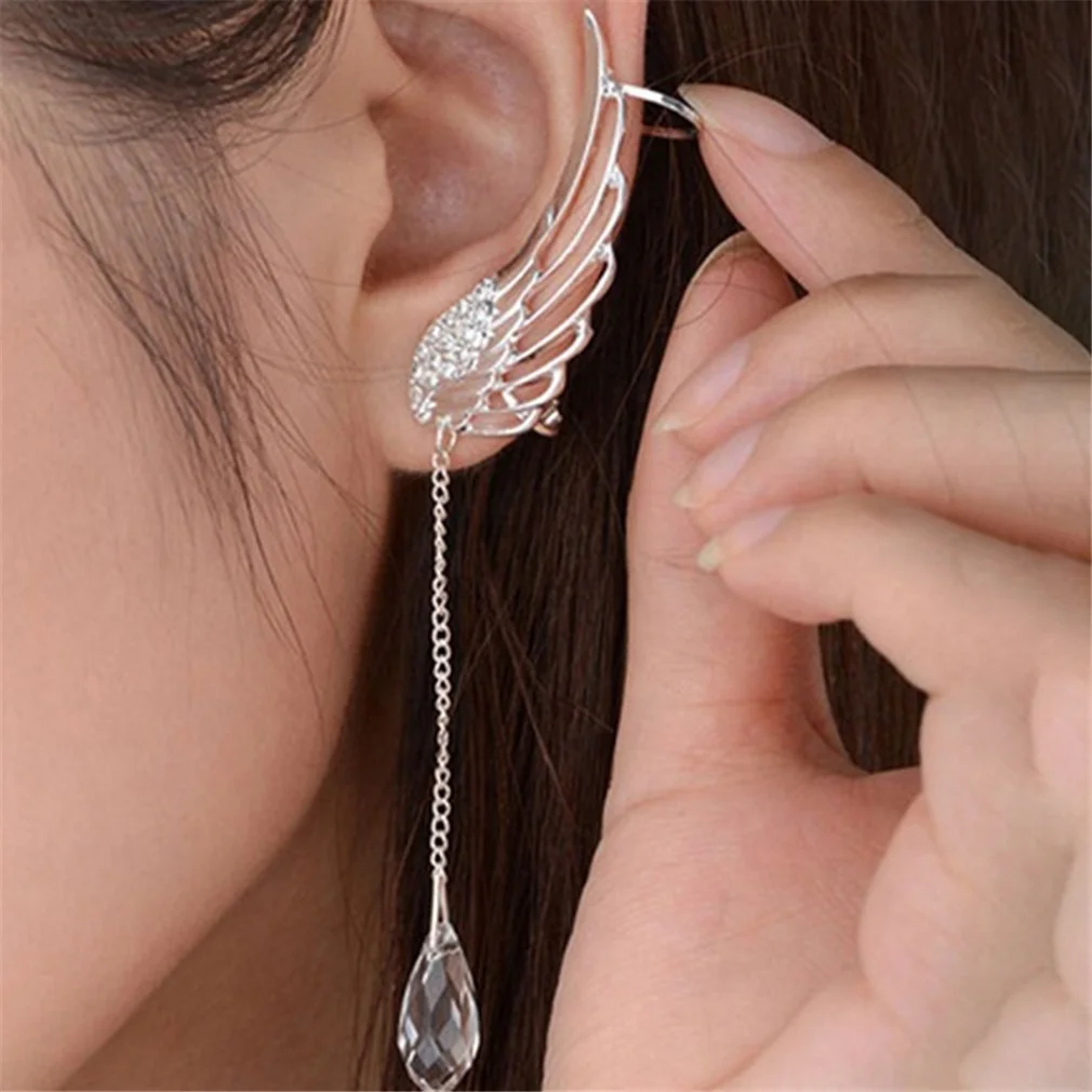 

New Fashion Silver Plated Long Cuff Earring Angel Wing Crystal Drop Dangle Ear Stud Earrings For Women, Gold and silver