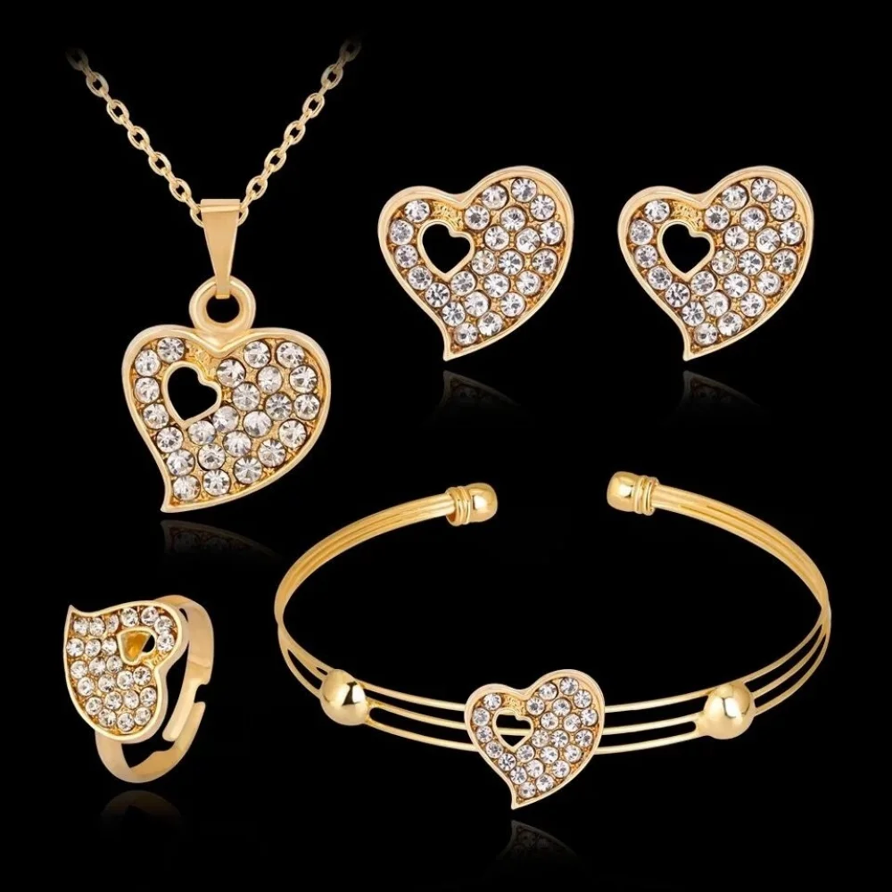 

Crystal diamond heart cuff bracelet earrings necklace ring 18k gold plated dubai jewelry sets jewellery