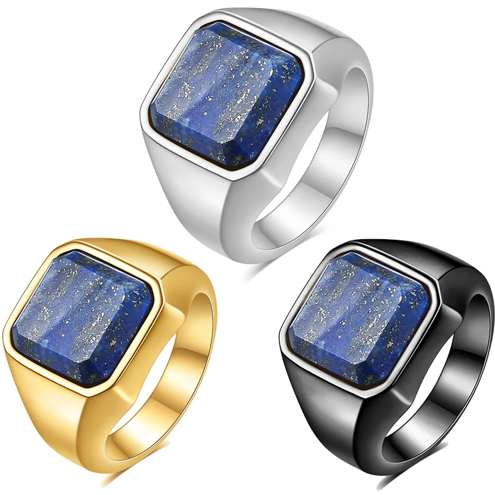 

2024 Stainless Steel Lapis Lazuli Ring Signet Large Mens Gemstone Ring Jewelry Gifts for Men Unique Vintage Ring