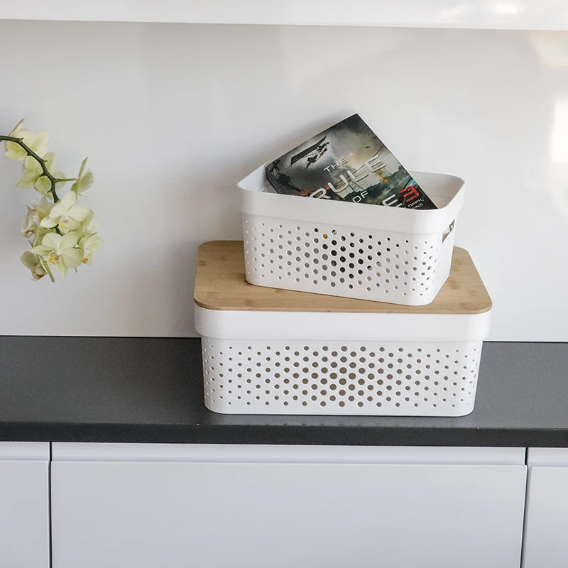 Plastic Storage Rectangle Basket 4.5l With Wood Lid In Living Room