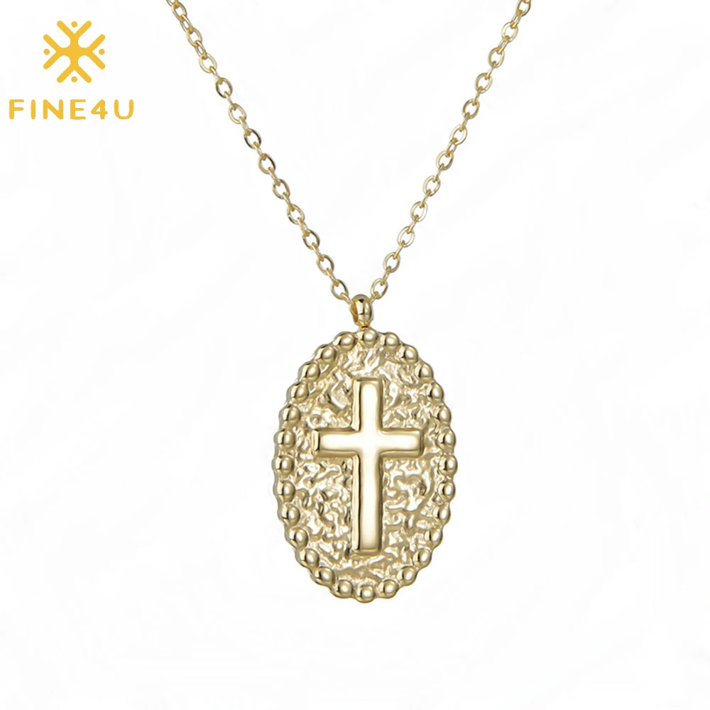 

Religious Jesus cross stainless steel oval embossed pendant Christian jewelry gold plated cross necklace