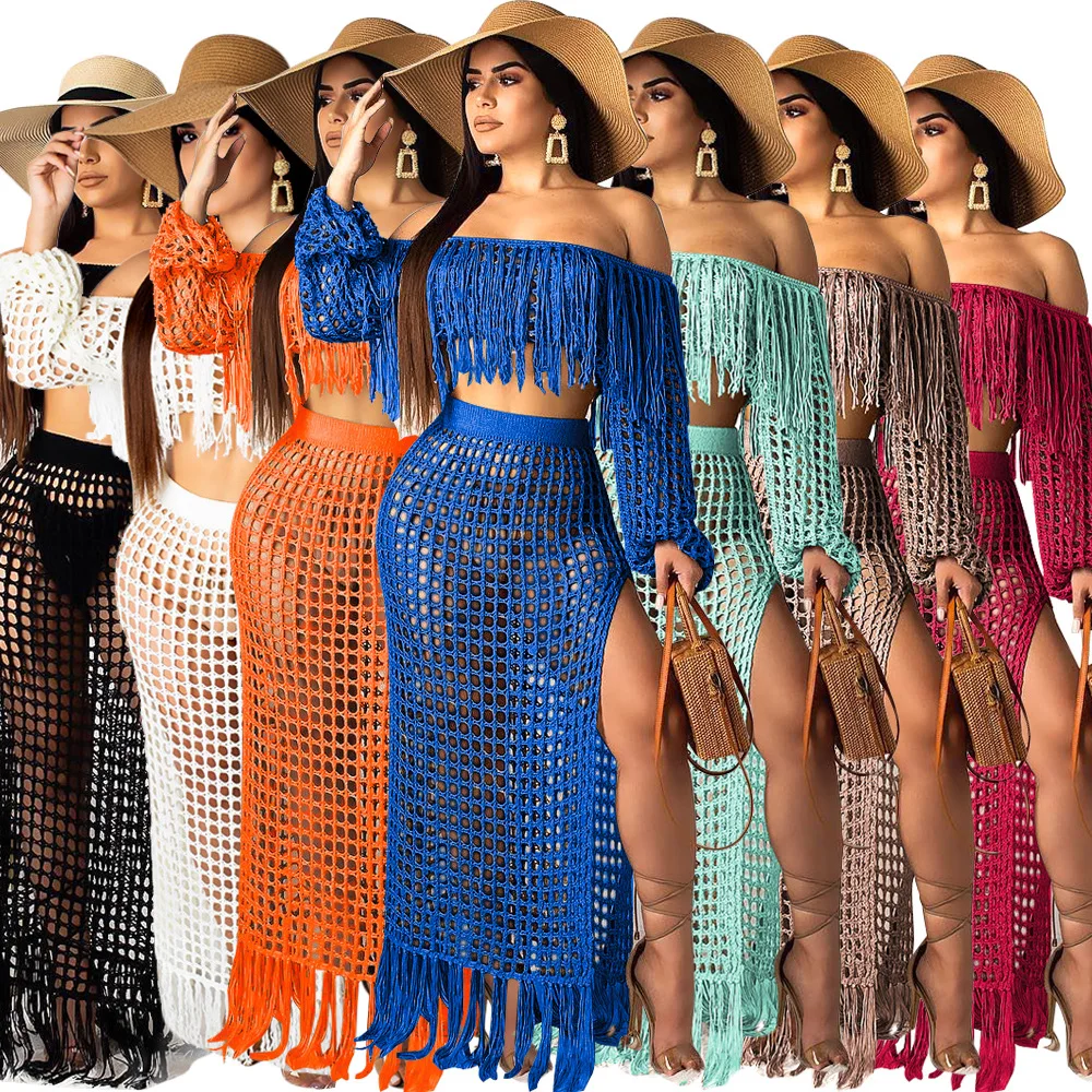 

Hot sale women clothing summer dress two piece suit long mesh fringe hollow out dresses for sexy transparent, Black,white,khaki ect.