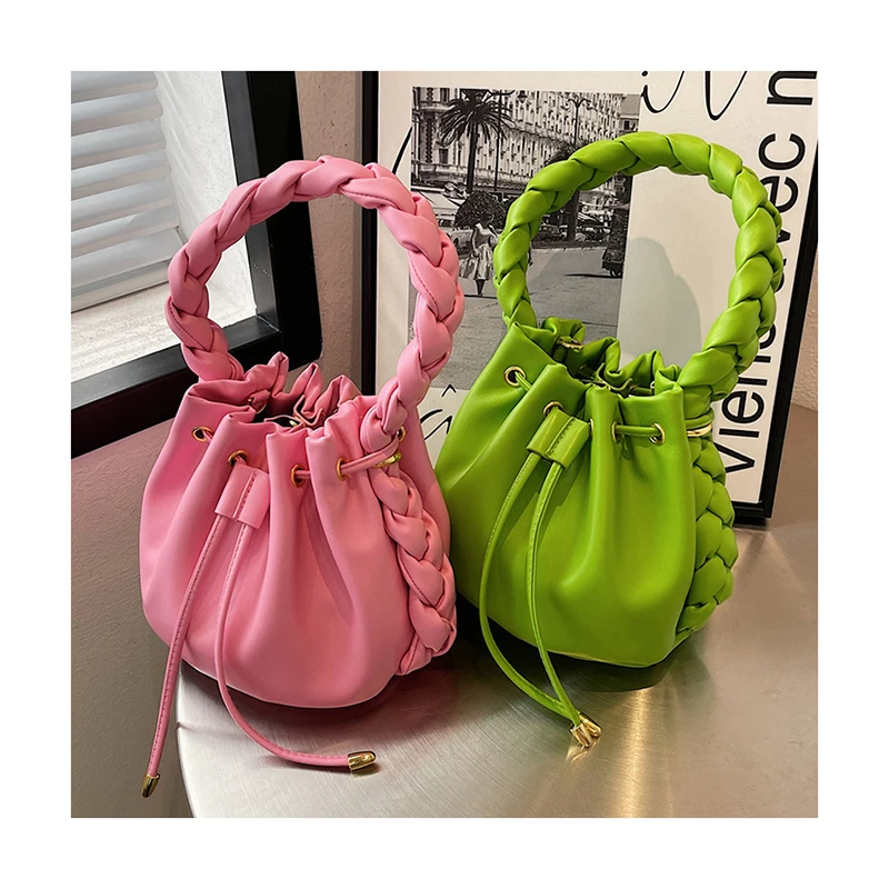 

Soft Folds Leather Ladies Solid Color Bucket Bags Rope Weaving Handle Designer Purses and Handbags Women Crossbpody Bags