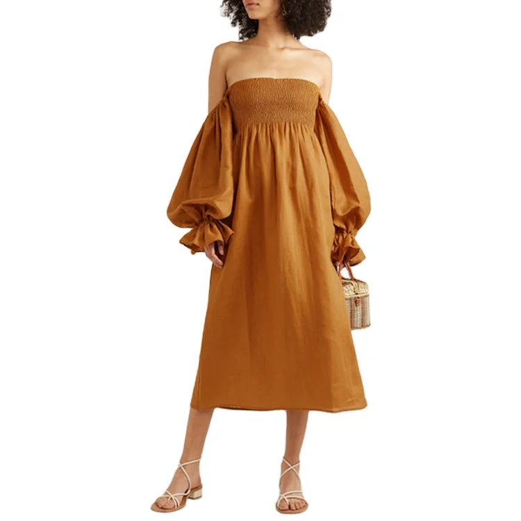 

New Arrival Off Shoulder Puff Sleeve Linen Smocking Brown Tube top Dress For Women, Customized color