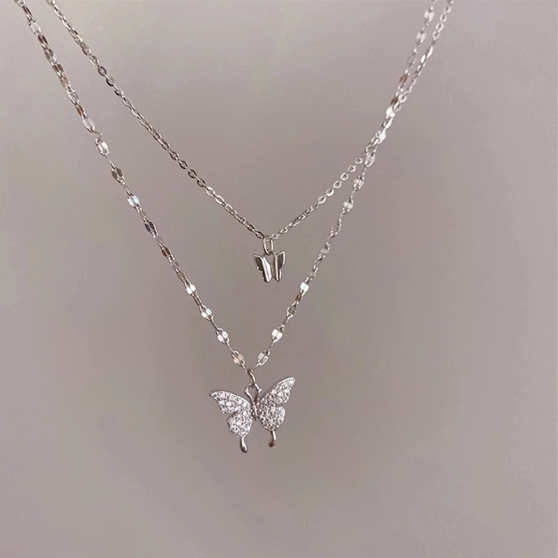 

New fashion Shiny Butterfly Necklace Ladies Exquisite Double Layer Clavicle Chain Necklace Jewelry for Ladies Gift, Custom
