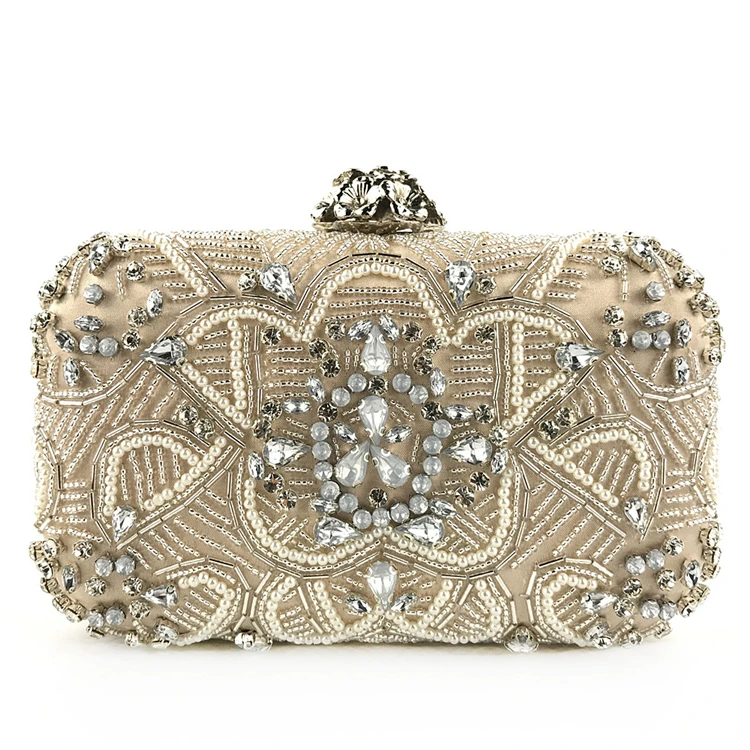 

Woman Floral Pearls Clutch Evening Bag Gold Chain Wedding Party Acrylic Designer Hand Bag