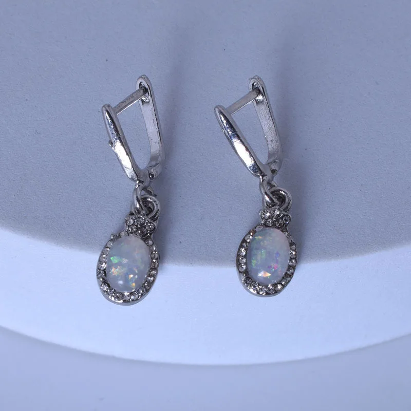 

20174-10 Wholesale European Fashion Hot Woman Girl Party Birthday Wedding Gift Vintage Oval Opal Tai Silver Drop Earrings