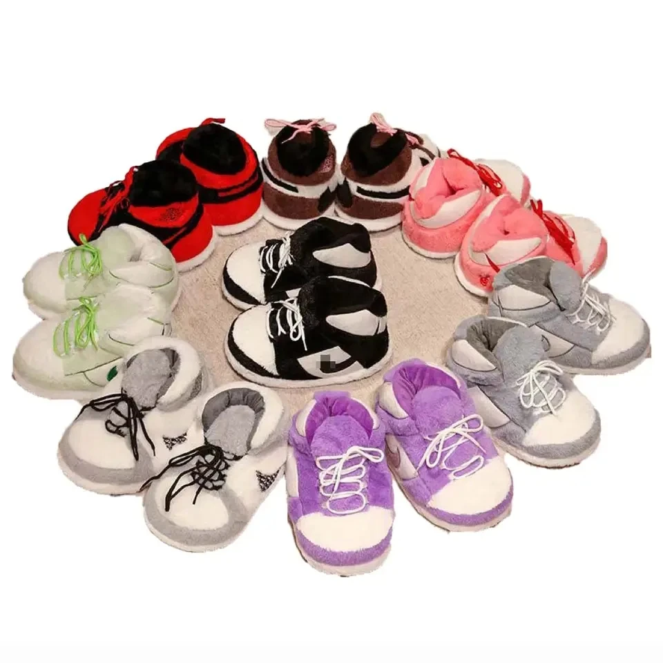 

Wholesale Fluffy Slippers Winter Plush Teenager Adult Indoor House Sneaker basketball custom Slippers Plush