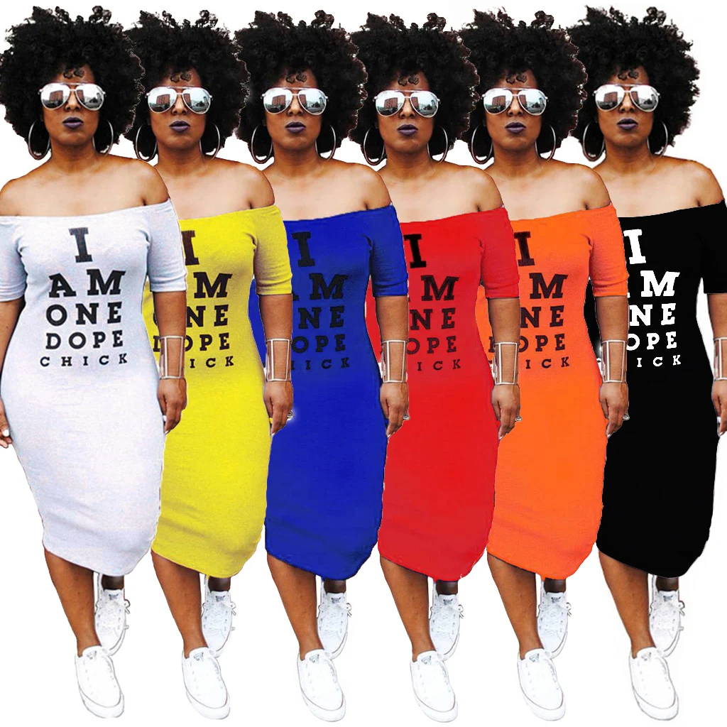 

2021 New Arrivals Sexy Party Dresses Wear Night Club Letter Printed Off Shoulder Dress Fashion Elegant Plus Size Women Dress