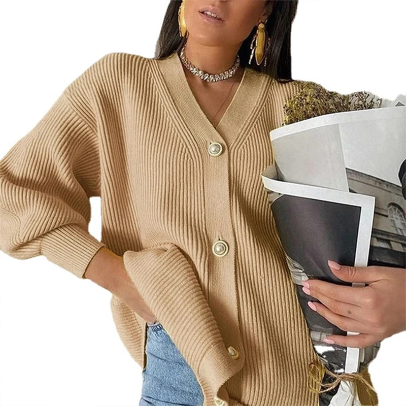 

Custom Causal Women Solid Loose Knitwear Female Spring Lantern Sleeve Ladies Sexy Cheap Cardigan Sweater, Customized color