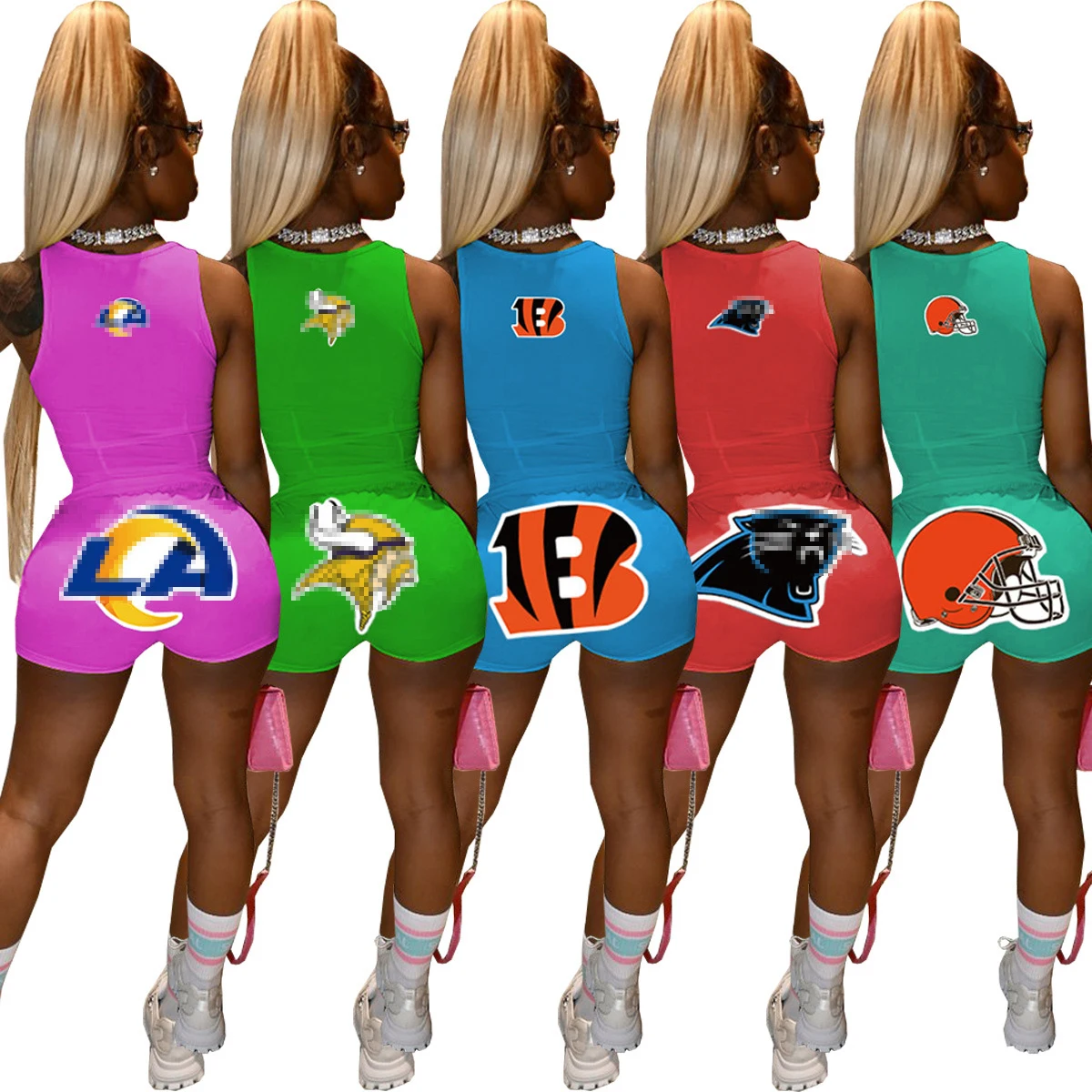 

New arrival summer trendy team logo womens 2 piece shorts set soccer jersey