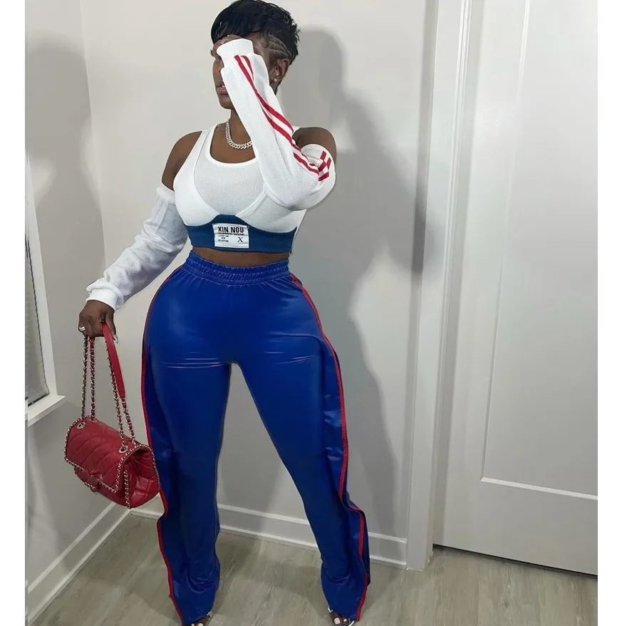 

2022 Trend Spring Woman Boutique Clothing Women Elastic Fly Bottoms PU Leather Ladies Casual Pant Ruffles Striped Trousers Pants, Blue,coffee,white