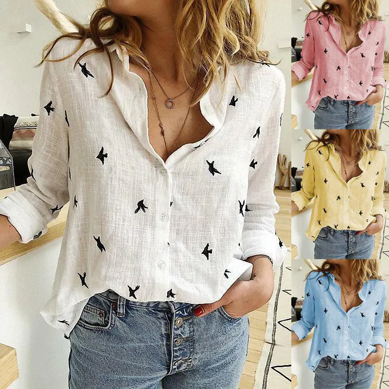 

Women's Birds Print Shirts 35% Cotton Long Sleeve Female Tops 2020 Spring Summer Loose Casual Office Ladies Shirt Plus Size 5XL, White pink yellow blue