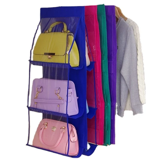 

8 Colors 6 Pocket Hanging Handbag Organizer for Wardrobe Closet Transparent Storage Bag Door Wall Manufacturer
