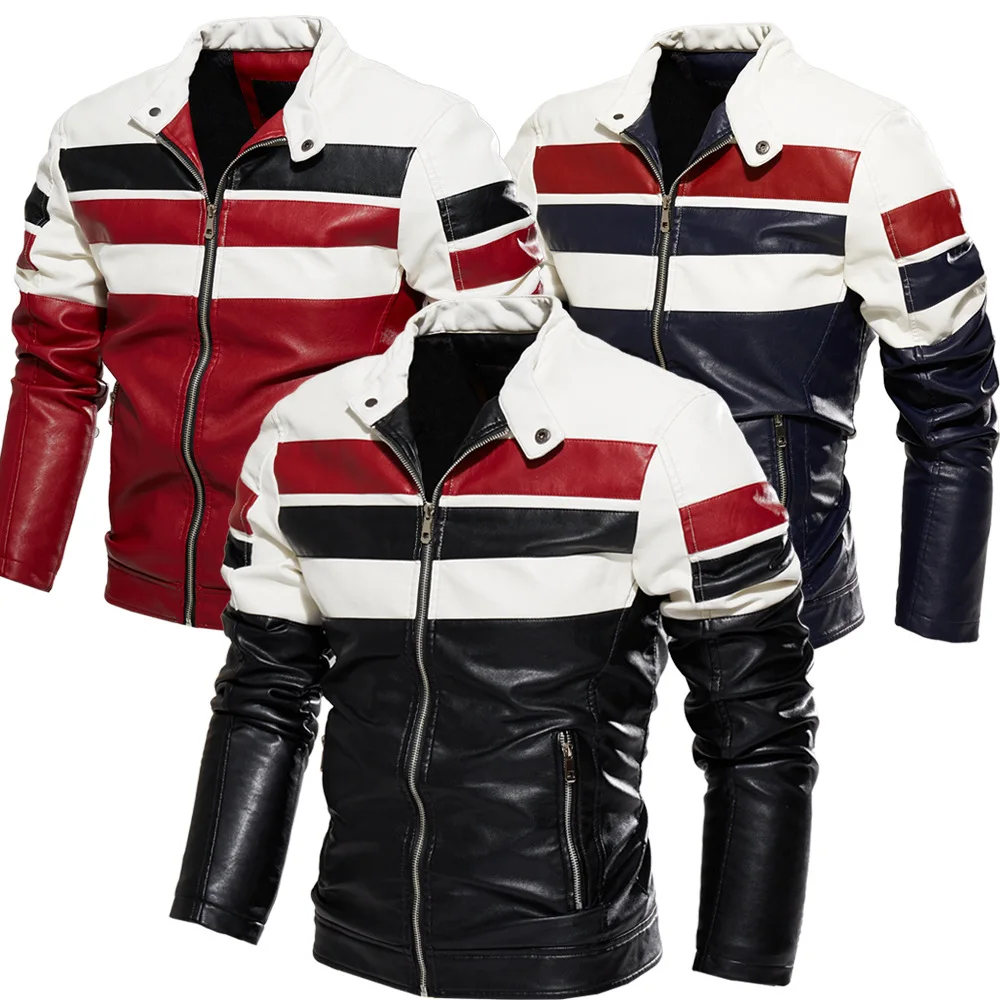 

Stand Collar Color Stripes Brush Inside Plain Color Moto Biker Men PU leather Jacket