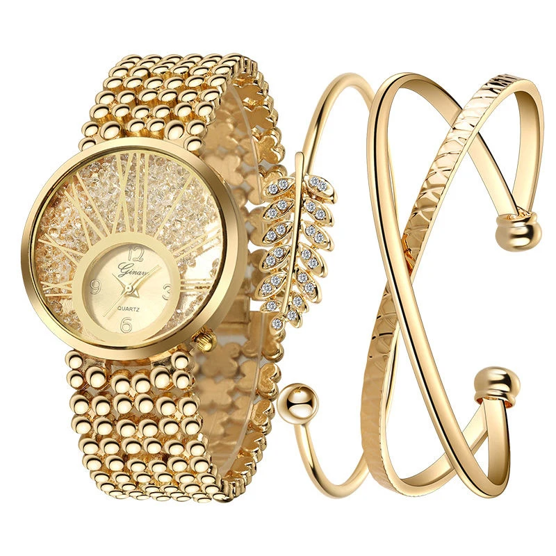 

18K Genuine Gold Stainless Steel Leaf Woman Bangle Watch Sets for Anniversary Gift