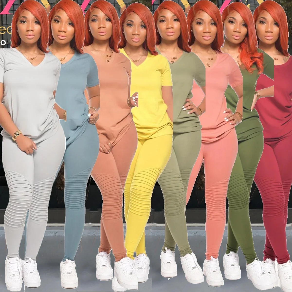 

2020 Fashion Wholesale Custom New Women Short sleeve And Pleated Pants 2 Piece Set Ruched Plus Size Stacked Leggings Outfits Set, 8 color options