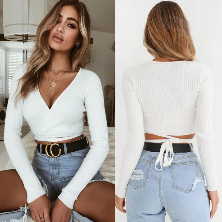 

2021 crop top sexy long sleeve ladies top woman clothing crop tops V neck Shirts For Women Bodycon Bandage, Black, white, khaki
