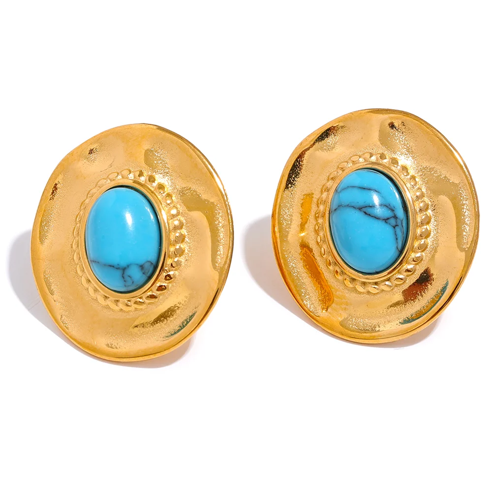 

JINYOU 2064 Blue Turquoise Stone Simulate Pearls Stainless Steel Round Stud Earrings Gold Fashion Vintage France Jewelry Gift