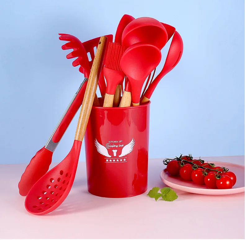 

Free Sample Kitchen Items Stocked Multi Color Silicone Utensils Spoon Spatula with Wood Handle, Red/purple/etc/custom