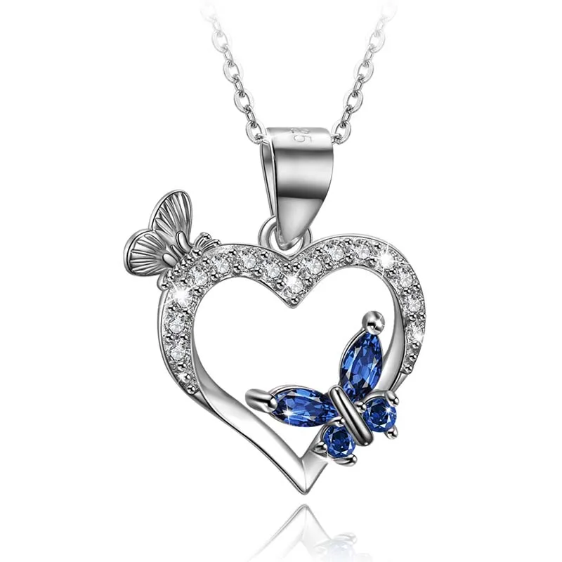 

Fashion Heart Shaped Butterfly Shape Necklace Zircon Pendant Necklace Sterling Silver Necklace 925 Jewelry For Women, Purple/silver