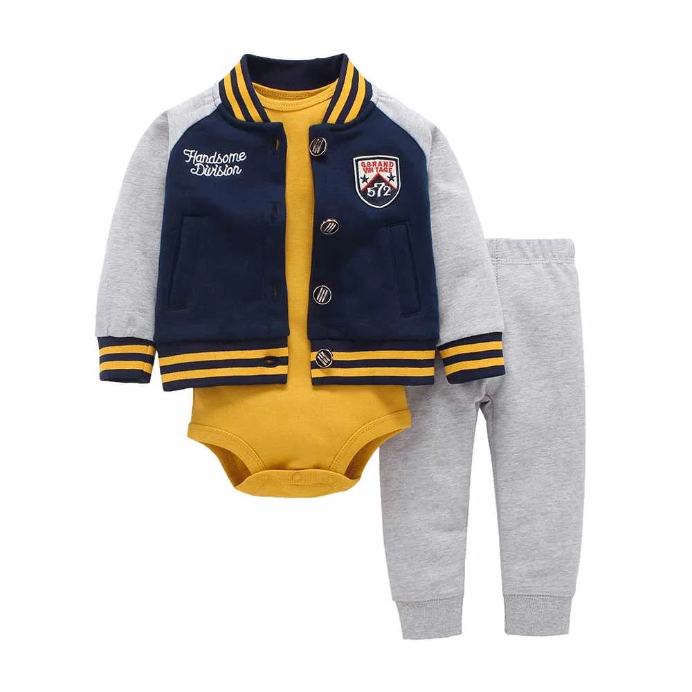 

Baseball Style Sticker Baby Clothing Three-piece Suit Three Piece Long Sleeve Set, Black pink white gray