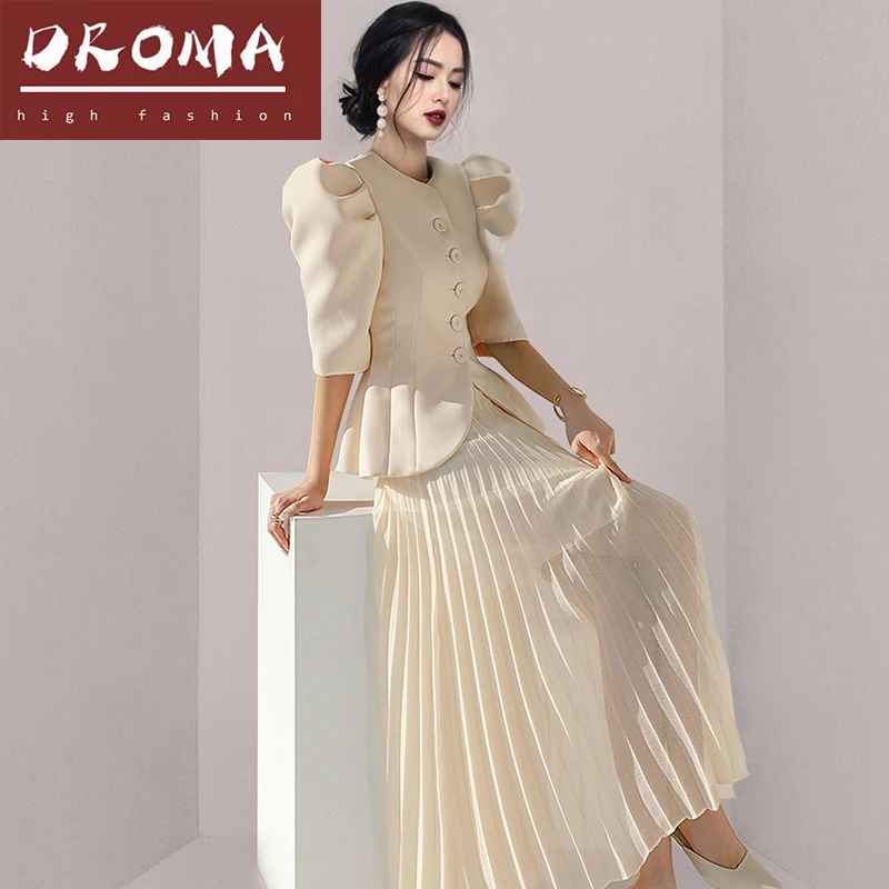 

Droma wholesale price summer set high-end temperament slim suit jacket fashion pleated skirt women 2 pieces set ladies 2022, Coffee/white