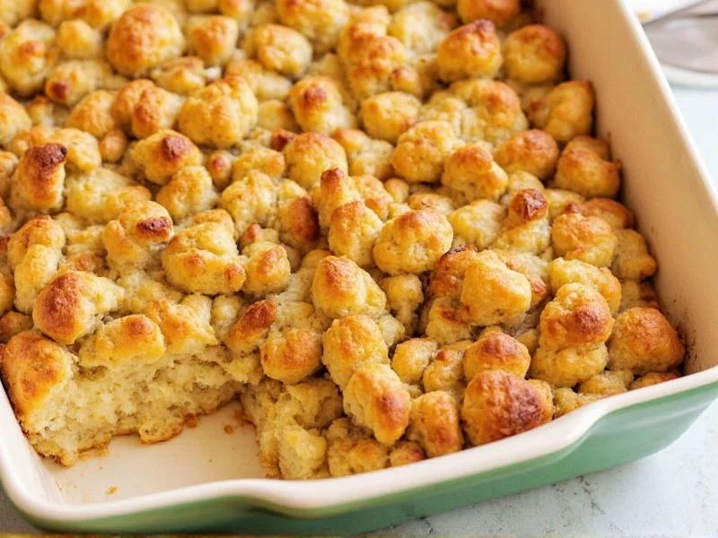 Golden brown baked stuffing with crispy top layer in ceramic dish