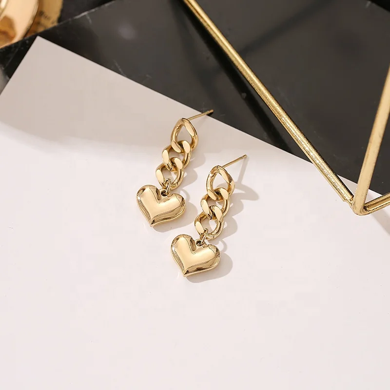 

Cute 18k Gold Plated Stainless Steel Peach Heart Dangle Earrings Bling Curve Link Chain Drop Earring Trendy Jewelry For Women