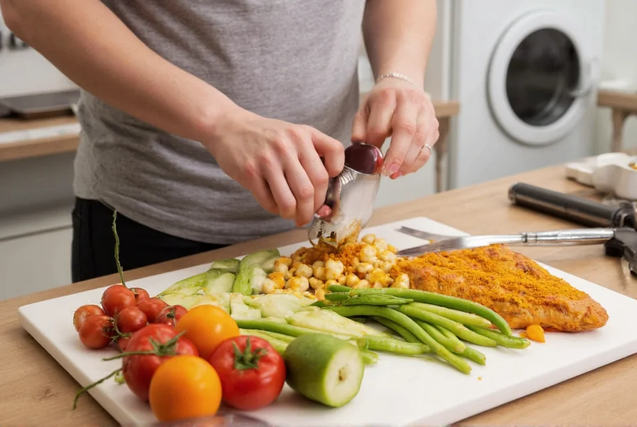 Person preparing healthy meal with turmeric, vegetables, and lean protein on kitchen counter