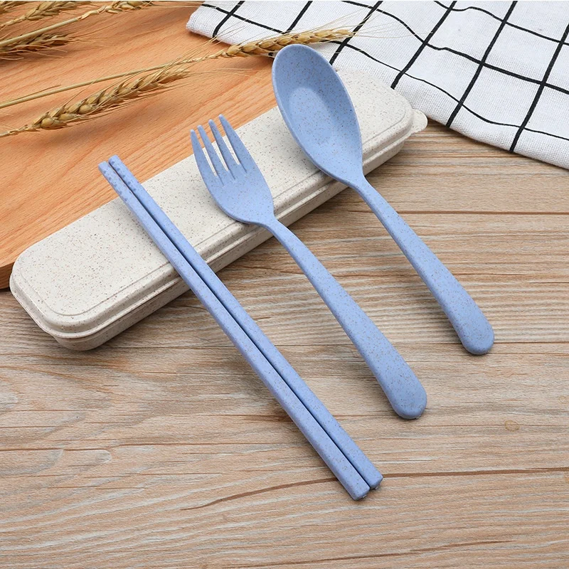 

BPA free reusable portable spoon fork chopsticks plastic wheat straw cutlery set with traveling box