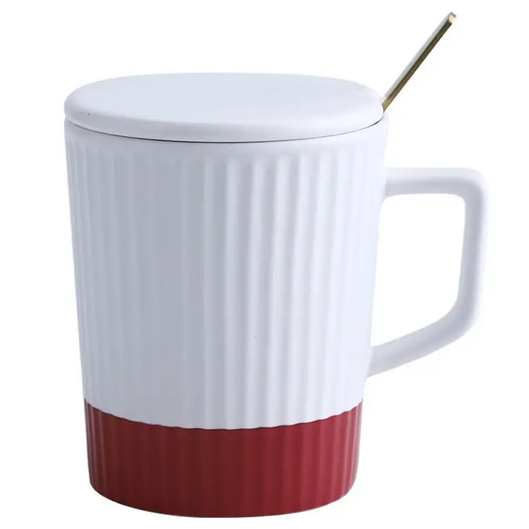 

New Design Vertical Stripes Fluted Matte Glaze Mug Vertical Stripe Ceramic Mug Embossed Coffee Mug with With lid and spoon