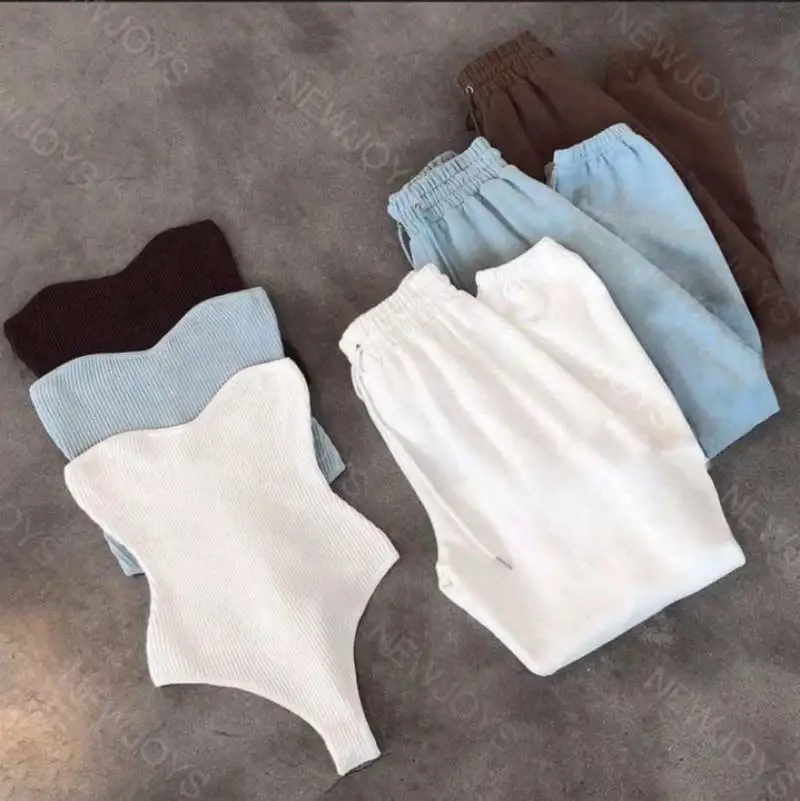

Hot Selling Woman Two 2 Piece Pant Set Fall Outfits Women Ribbed Tube Bodysuit Sweatpants Set