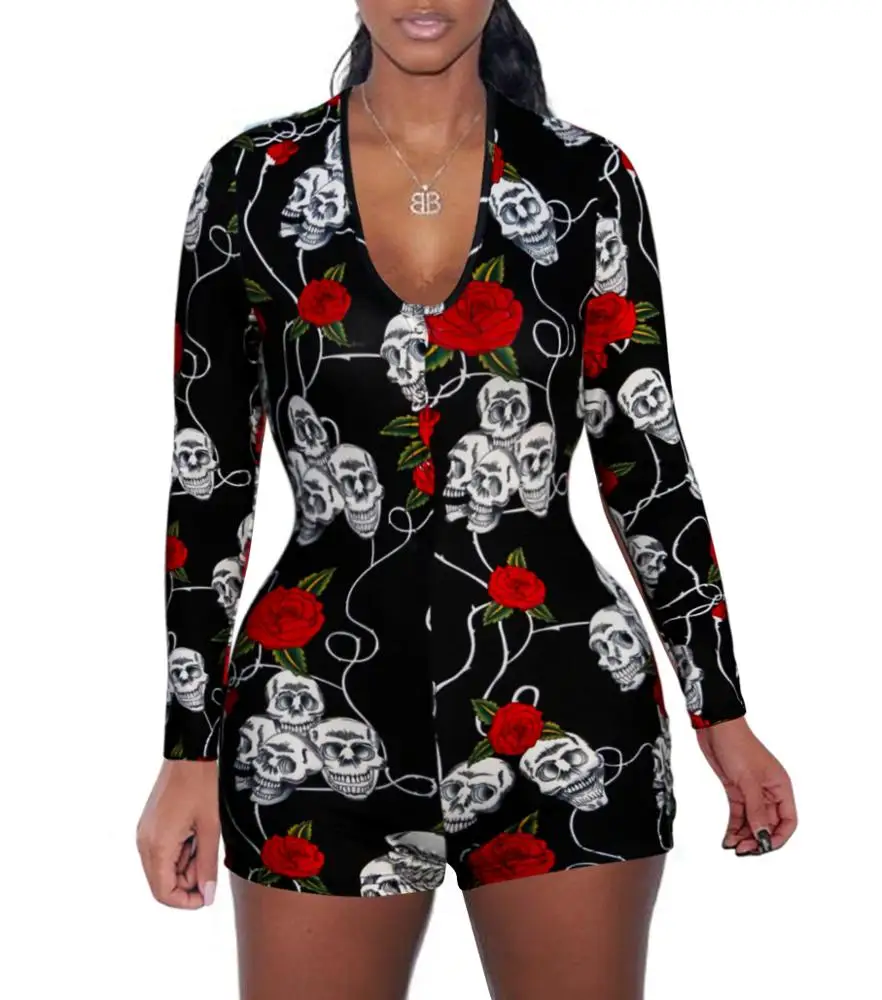 

2020 new ladies v-neck sexy nightwear hot sale printed sleepwear buttons pajamas onesie shorts for women