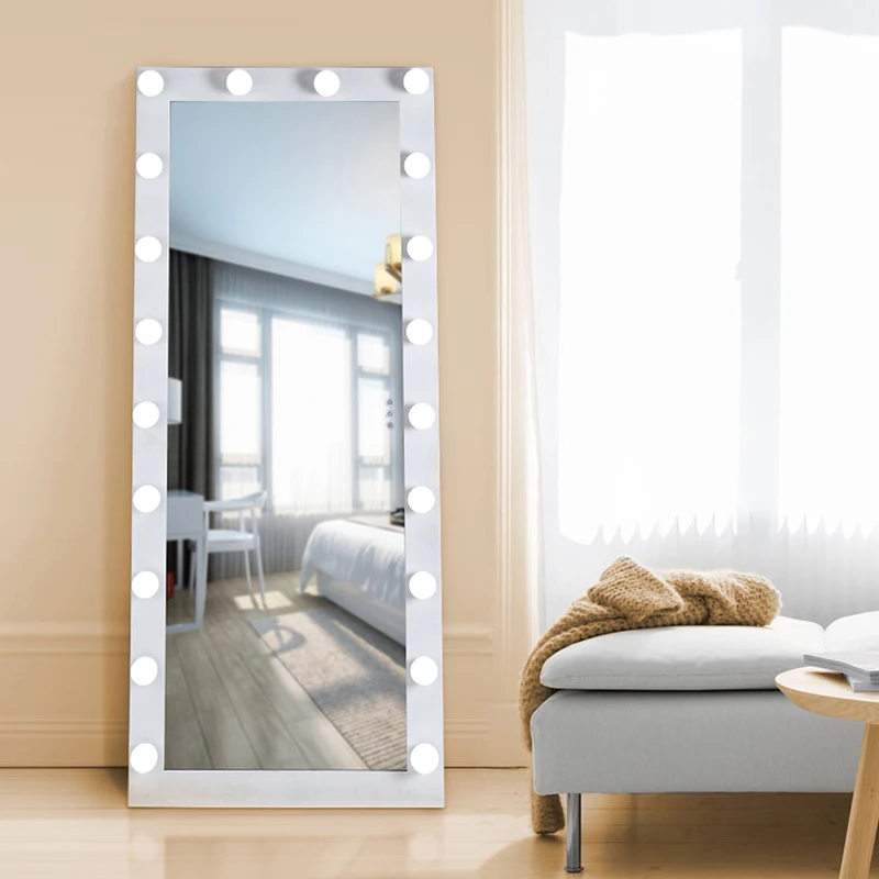 

Metal frame new design floor full length dressing mirror with LED light bedroom decoration full body makeup mirror, White