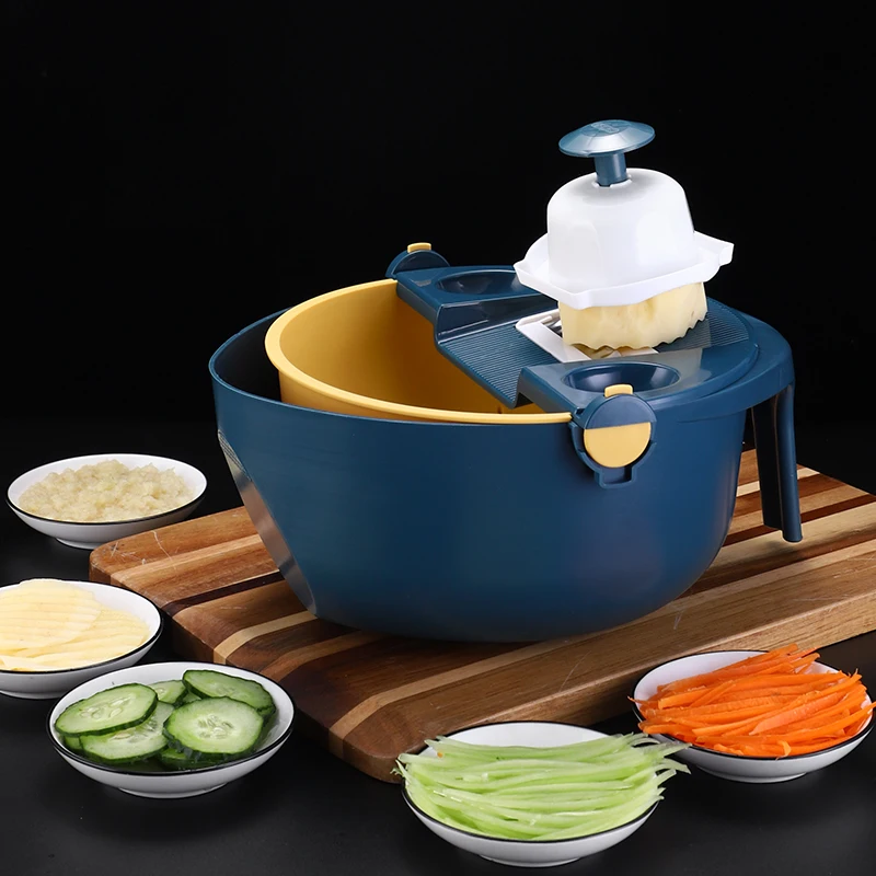 

Hot Selling Multifunctional 9 in 1 Fruit Slicer Grater Vegetable Cutter Grater With Drain Basket Slicers, Impact color design