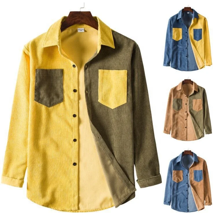 

XLL XL-1811A-R8 2021 Patchwork Corduroy Breathable Clothing Wholesale Men Long Sleeve Shirt, As picture or customized color