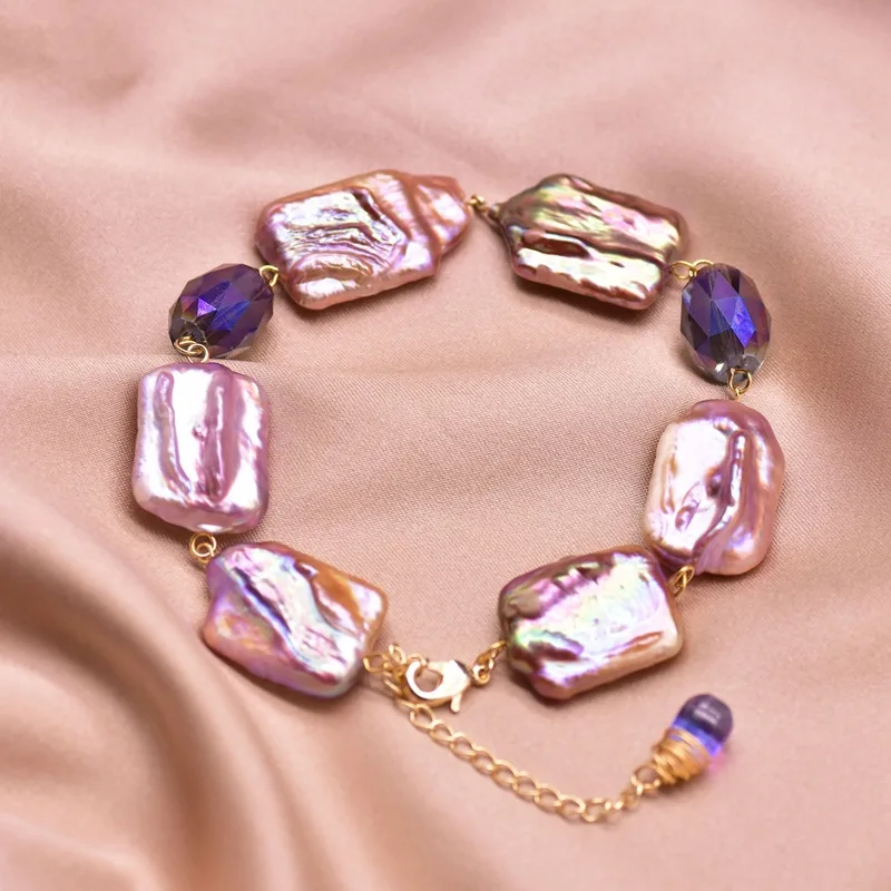 

Temperament Retro Original Handmade Jewelry Natural Baroque Square Purple Pearl Bracelet Women, As picture