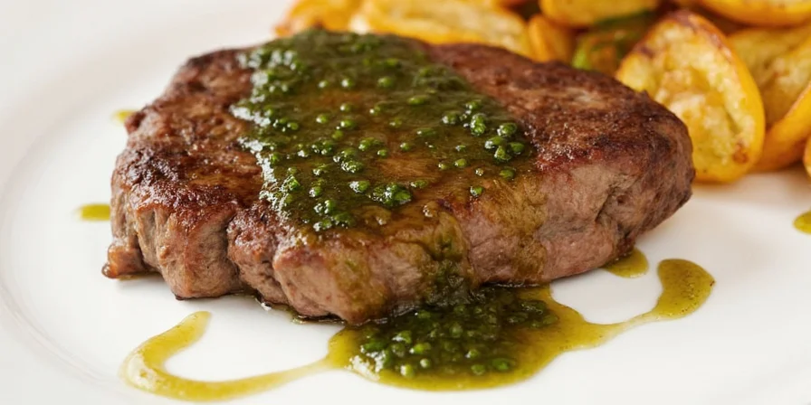 Juicy steak with vibrant green pepper sauce