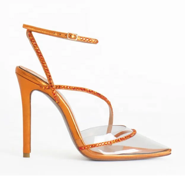 

New Collection 2022 Pointed Toe Clear PVC Thin Heel Diamonds Buckle Strap Slingback Women Heel Pumps, Blue/yellow/green/orange