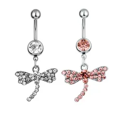 Wholesale Surgical Steel Full Crystal Insect Dragonfly Pendant Navel Ring Stainless Steel Dragonfly Belly Button Ring