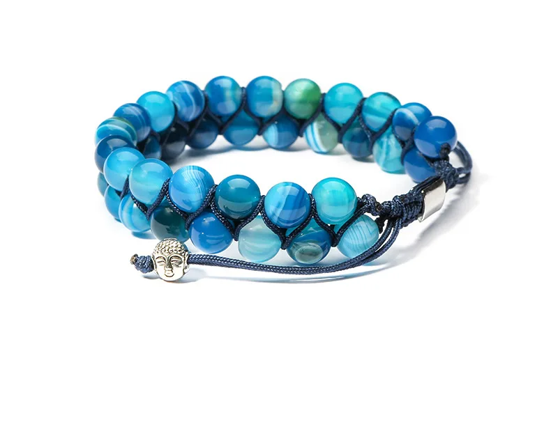 

8mm Blue Striped Agate Double Row Men Bracelet Popular Women's Woven Adjustable Double Layer Beaded Bracelet, Black