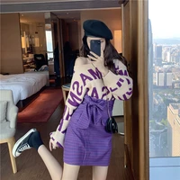 

Women fall two piece sets korean fashion casual letter puff sleeve wide neck pullover sweater with grid lace-up mini skirt